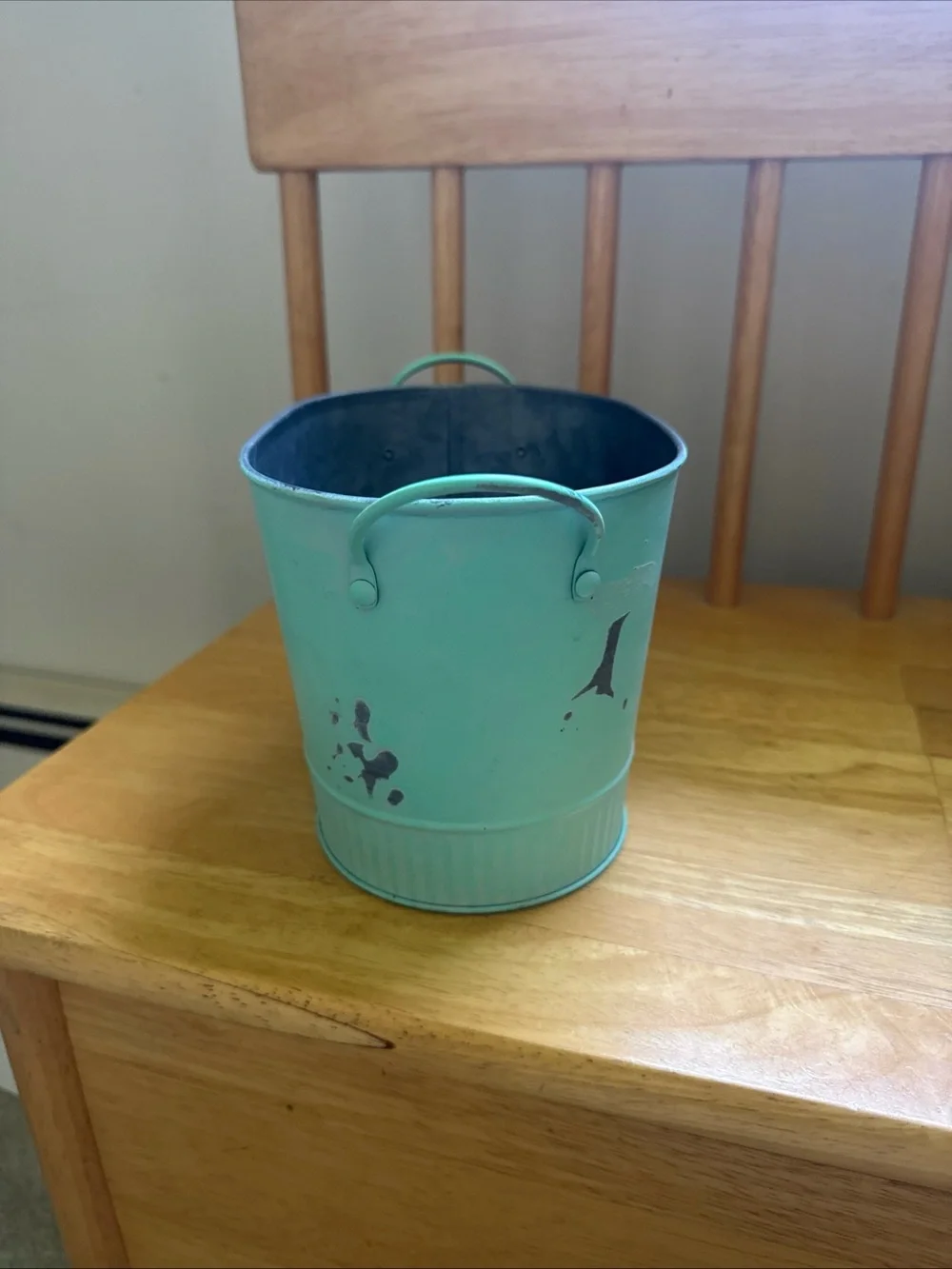 Distressed Mint Green Metal Planter with Side Handles